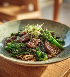 Nötfärsnudlar med sesam, broccoli och ingefära