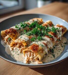 Kycklingfyllda crêpes med krämig ostsås
