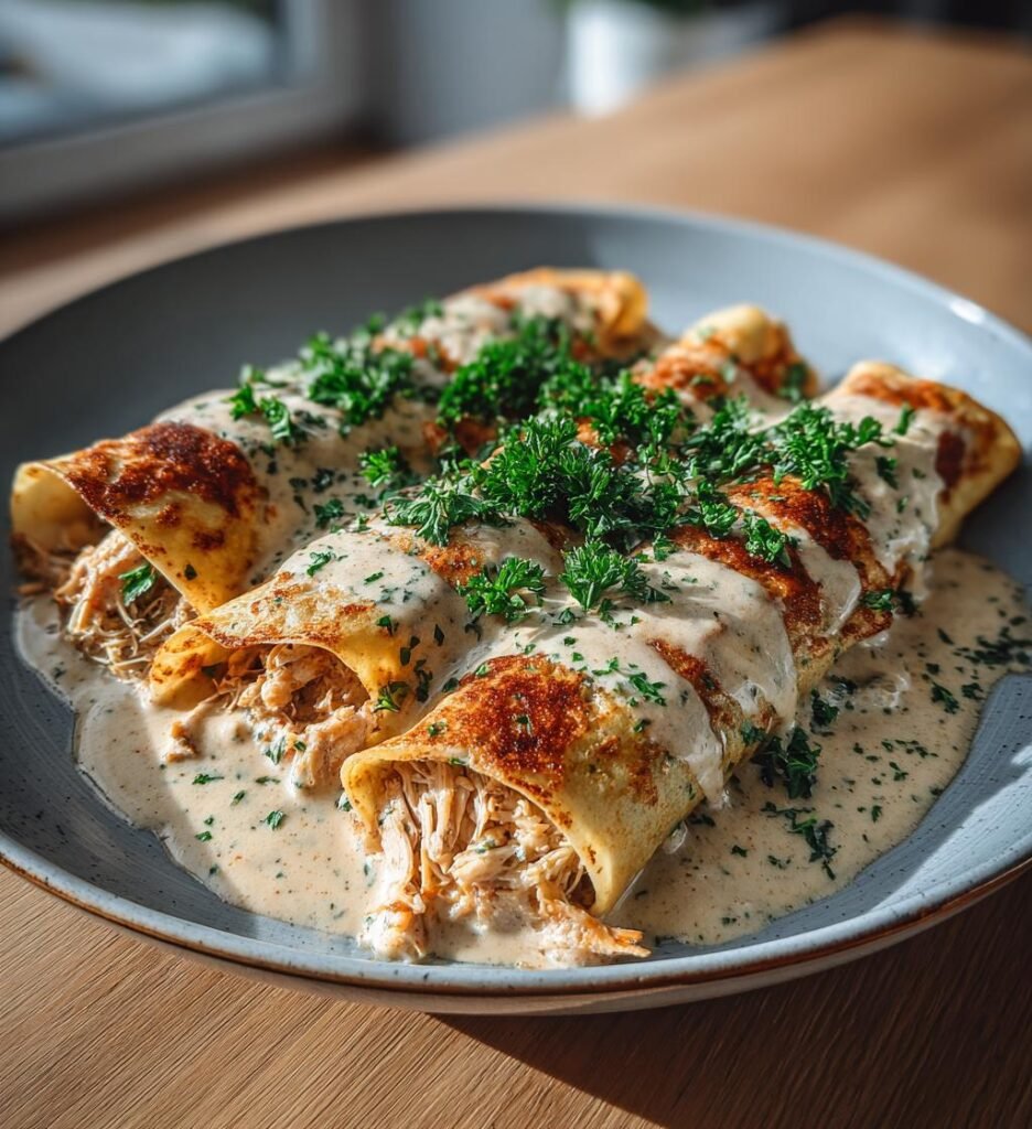 Kycklingfyllda crêpes med krämig ostsås