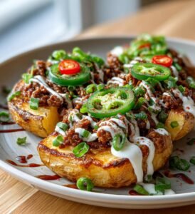 Nachopotatis med kryddig köttfärs och ost