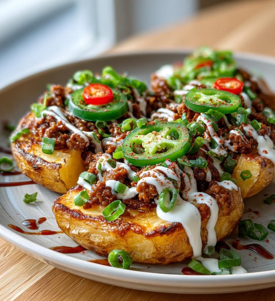 Nachopotatis med kryddig köttfärs och ost
