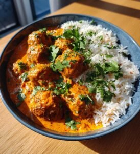 Butter chicken-köttbullar med kryddigt basmatiris