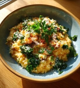 Krämig svamporzo med grönkål och parmesan