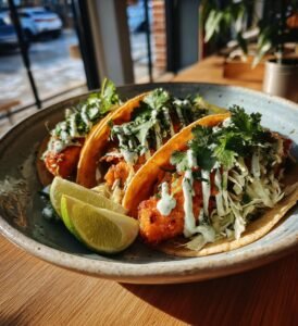 Krispiga fisktacos med limekräm och kålsallad