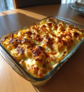 Korv Alfredo-gratäng med pasta och mozzarella