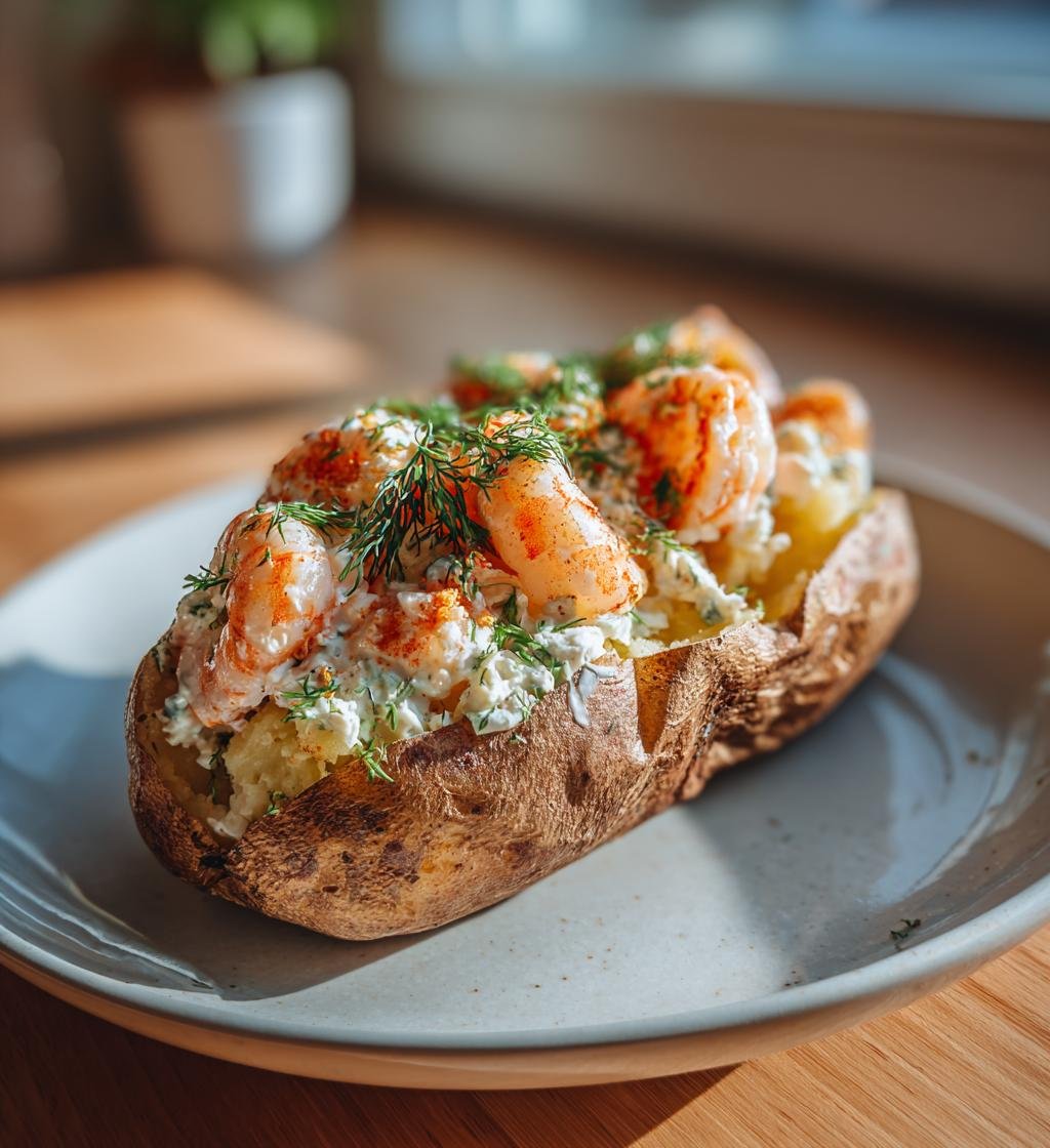 Bakad potatis fylld med räkor, dill och färskost - Enkel och God
