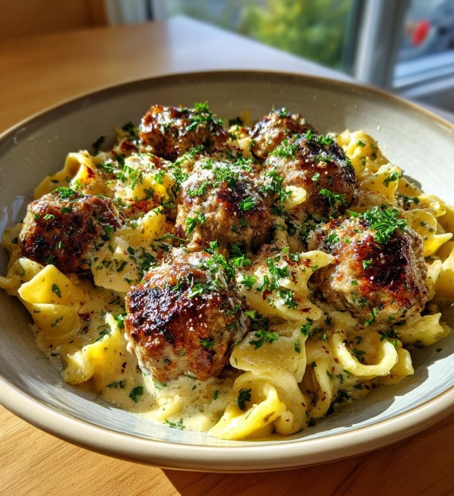 Krämig pasta med ostfyllda köttbullar