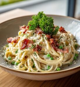 Kycklingpasta med bacon, ärtor och vitlöksost