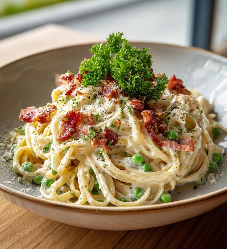 Kycklingpasta med bacon, ärtor och vitlöksost