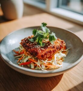 Sesampanerad kycklingschnitzel med ingefärsslaw