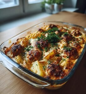 Köttbullsgratäng med rostad potatis och pepparsås