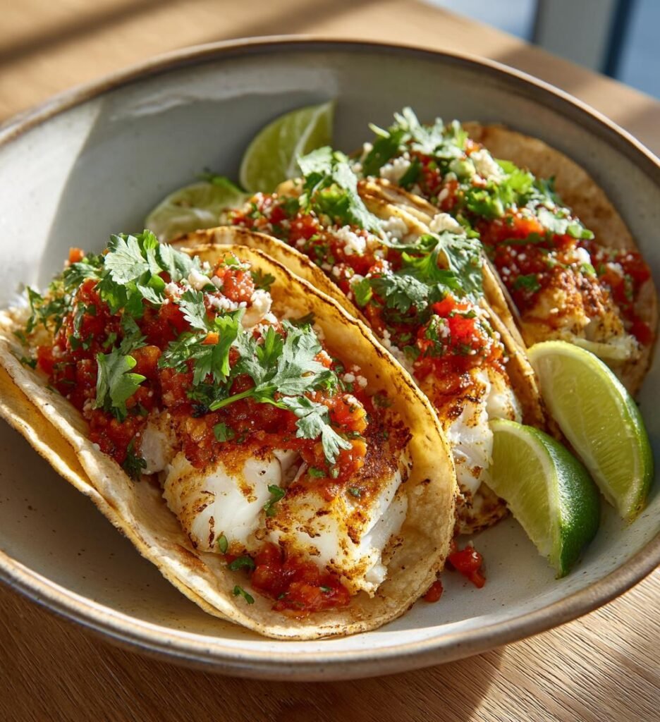 Ugnsbakade fisktacos med salsa och ost