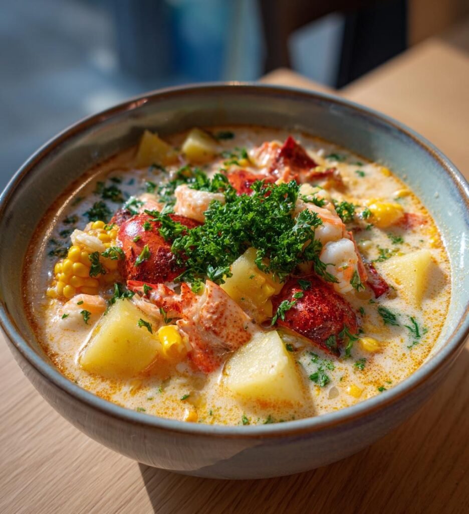 Krämig skaldjurssoppa med potatis och majs