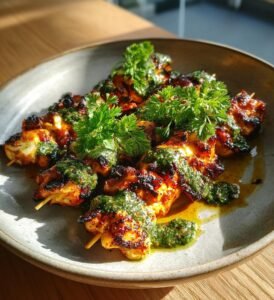 Försommarens grillspett med kyckling och örtsås