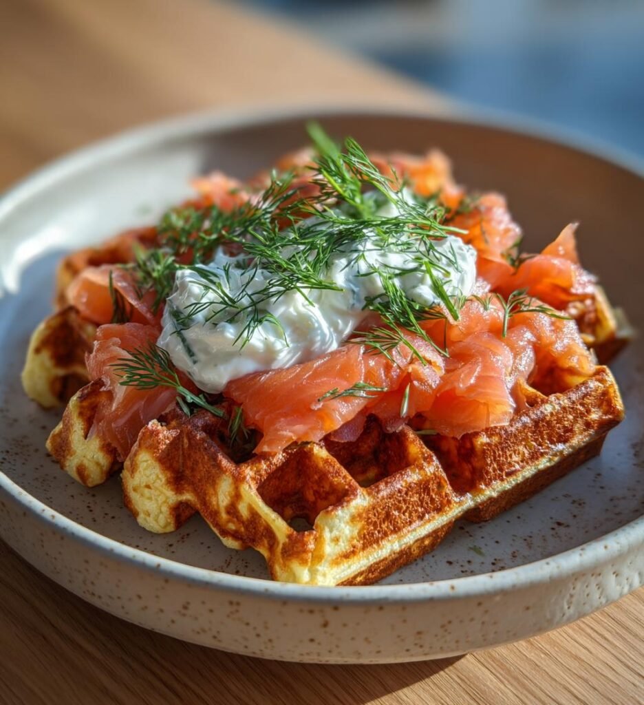 Matiga våfflor med rökt lax och dillkräm