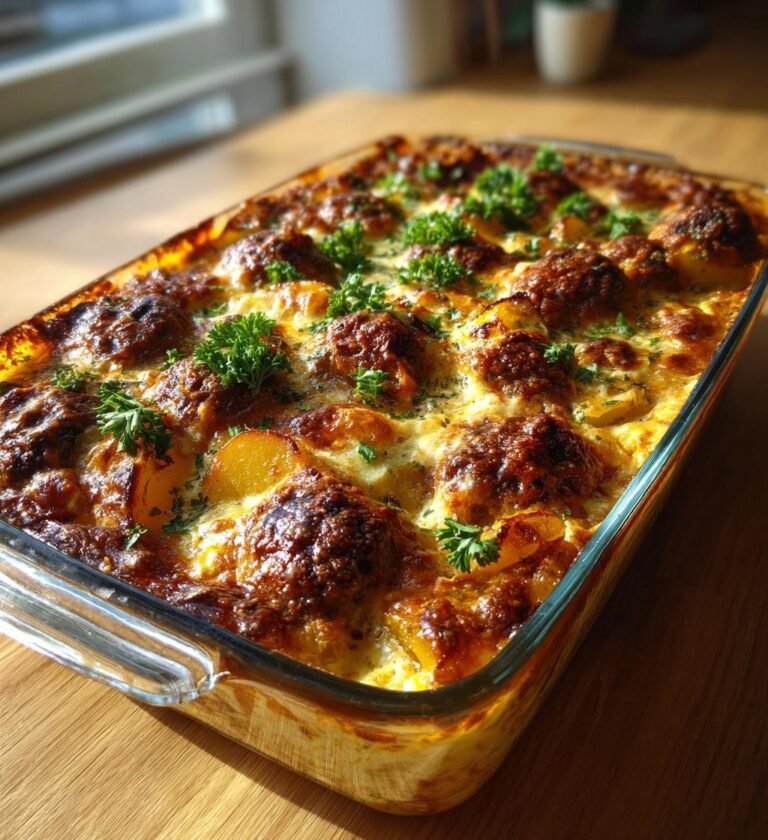 Köttbullsgratäng med rostad potatis och pepparsås
