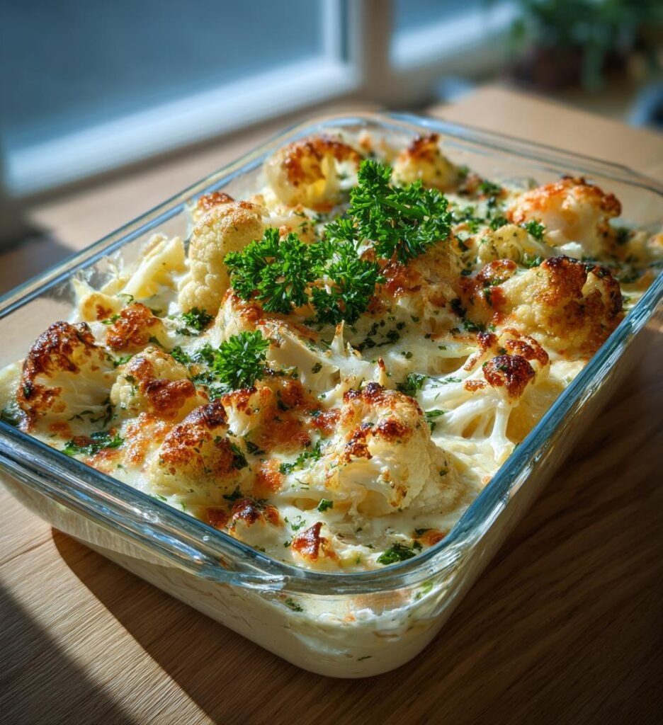 Räkgratäng med blomkål, vitlök och parmesan