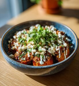 Köttfärsfylld aubergine med tahinisås och fetaost