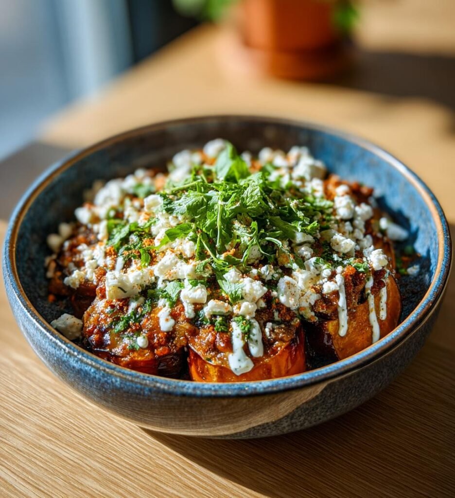 Köttfärsfylld aubergine med tahinisås och fetaost