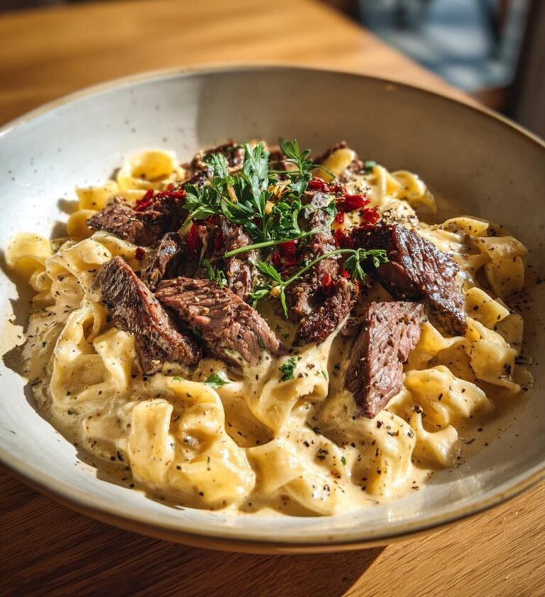 Krämig pepparpasta med strimlad biff