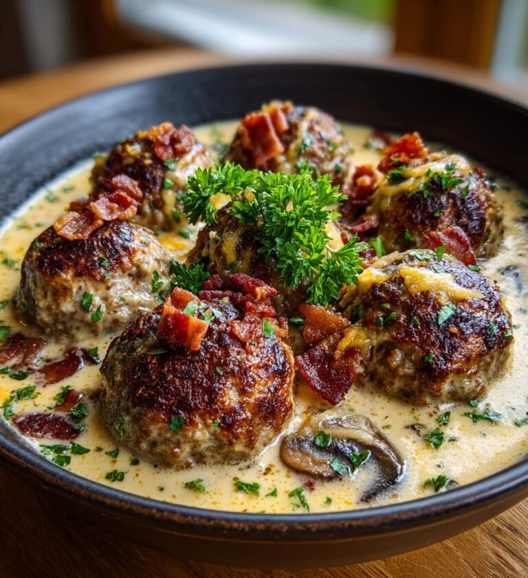 Bacon- och ostfyllda köttbullar i svampsås