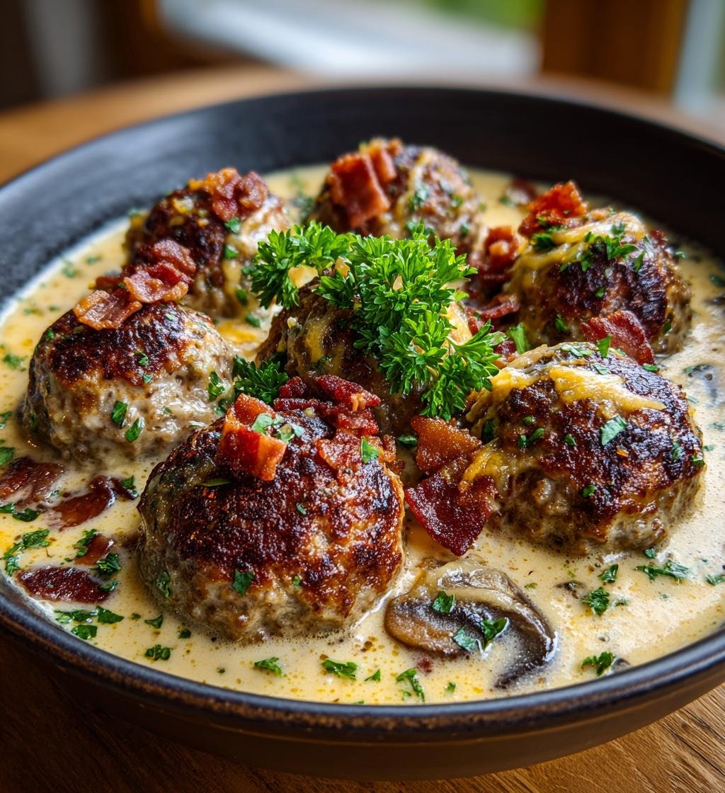 Bacon- och ostfyllda köttbullar i svampsås - Enkel och god middag