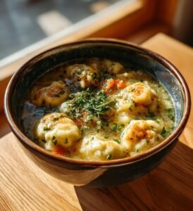 Kycklingdumplings i krämig grönsaksbuljong