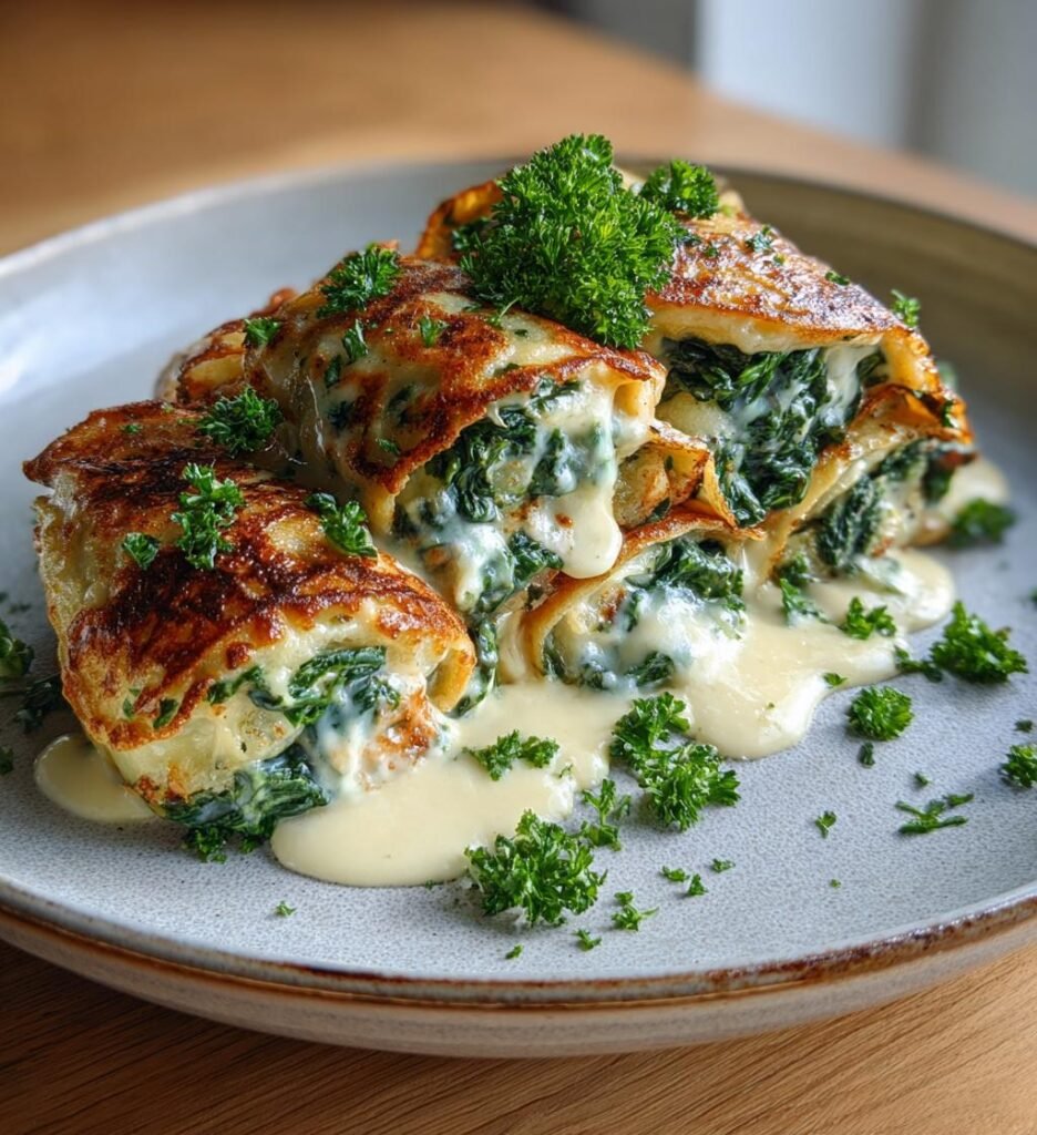Svampfyllda pannkakor med spenat och ostsås