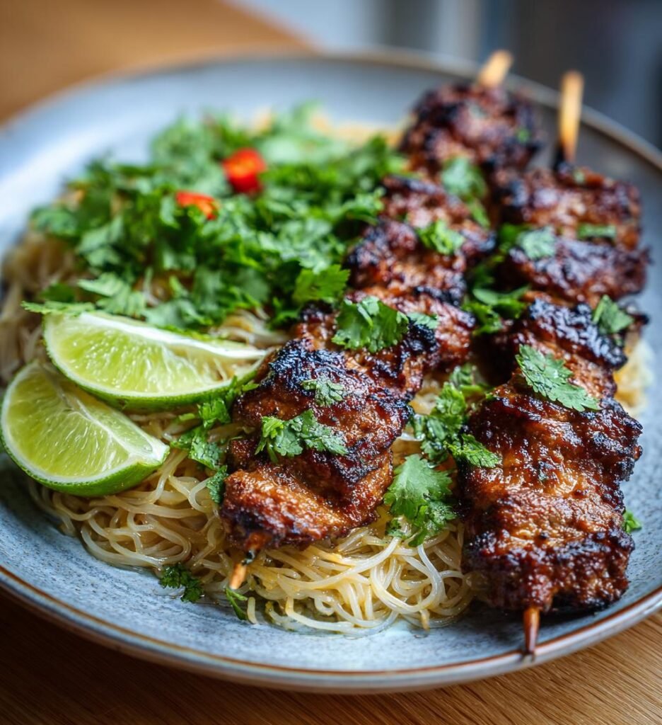 Kycklingsatay med kokosnudlar och lime