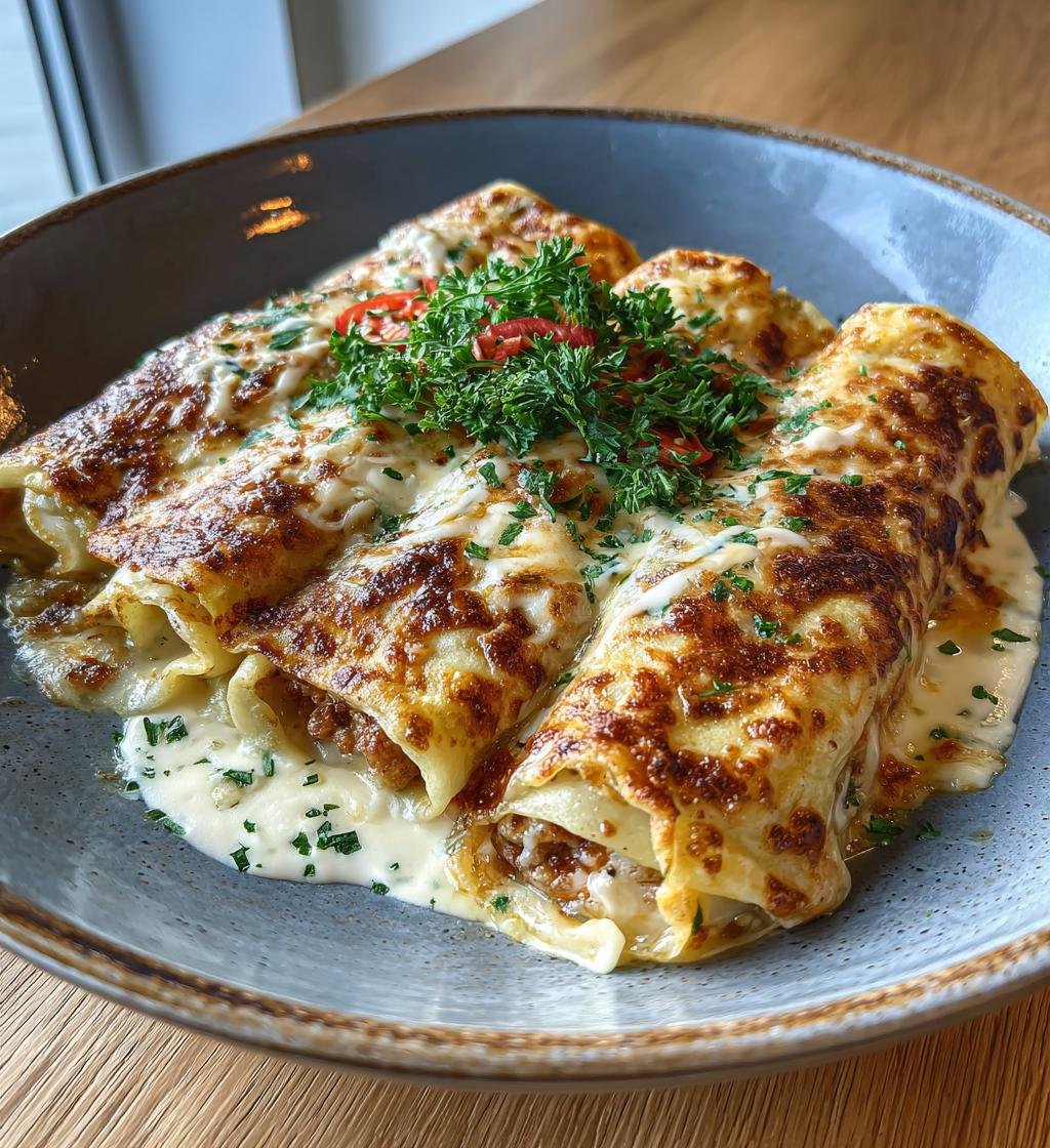 Köttfärsfyllda pannkaksrullar med ostsås – Enkla och goda!