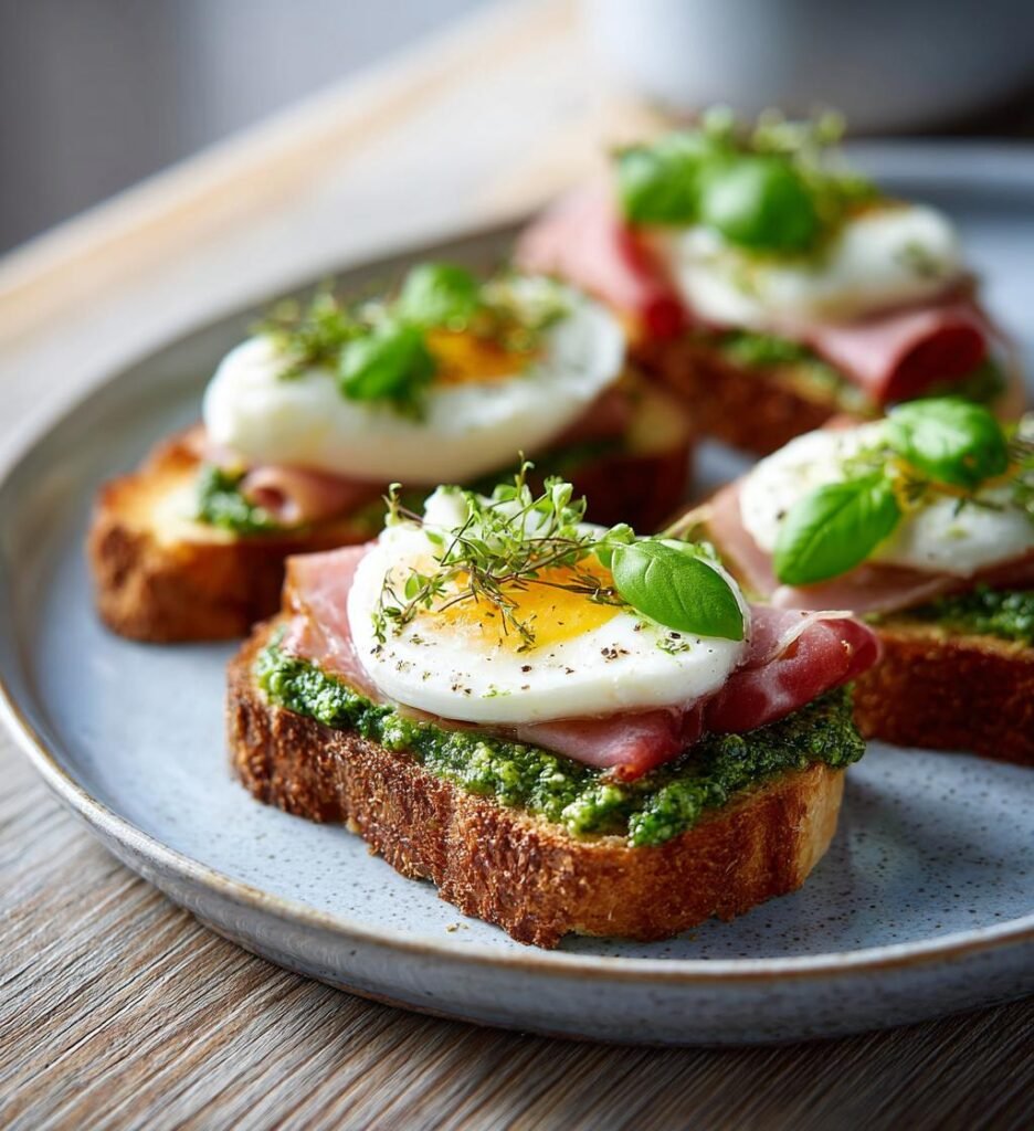Varma mackor med skinka, pesto och mozzarella