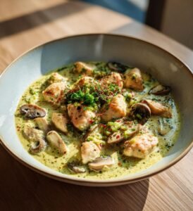Kyckling i grönpepparsås med champinjoner