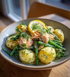 Påsksallad med färskpotatis, lax och gröna bönor