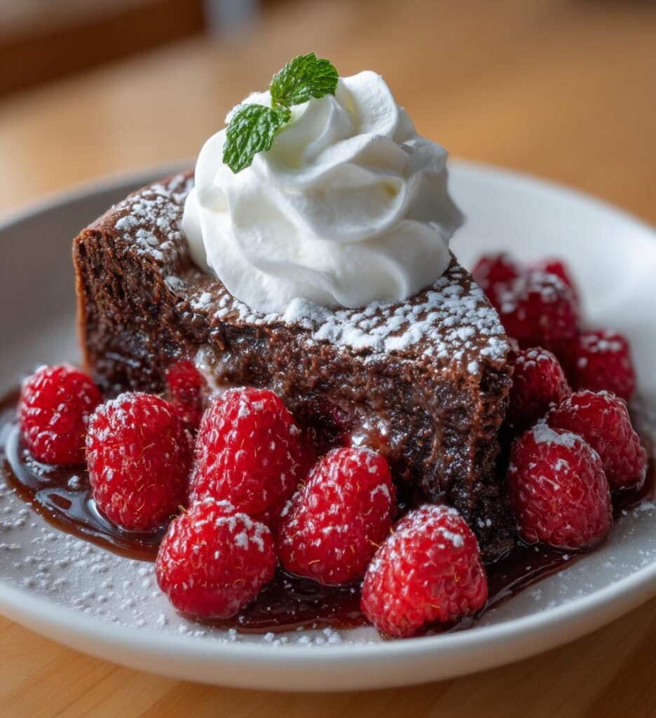 Kladdkaka med hallon och vispad grädde
