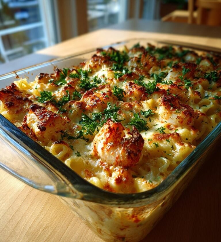 Räk- och krabbgratäng med pasta och ost