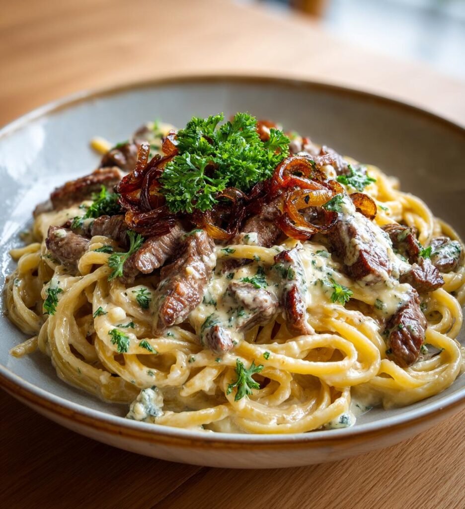 Pasta med lövbiff, gorgonzola och karamelliserad lök