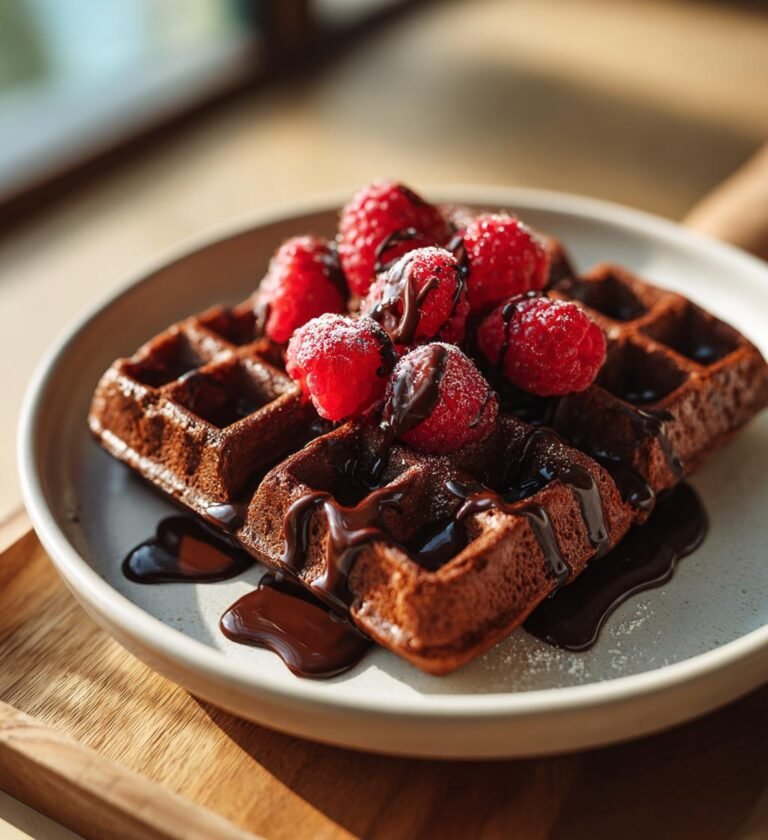 Chokladvåfflor med hallon och chokladsås