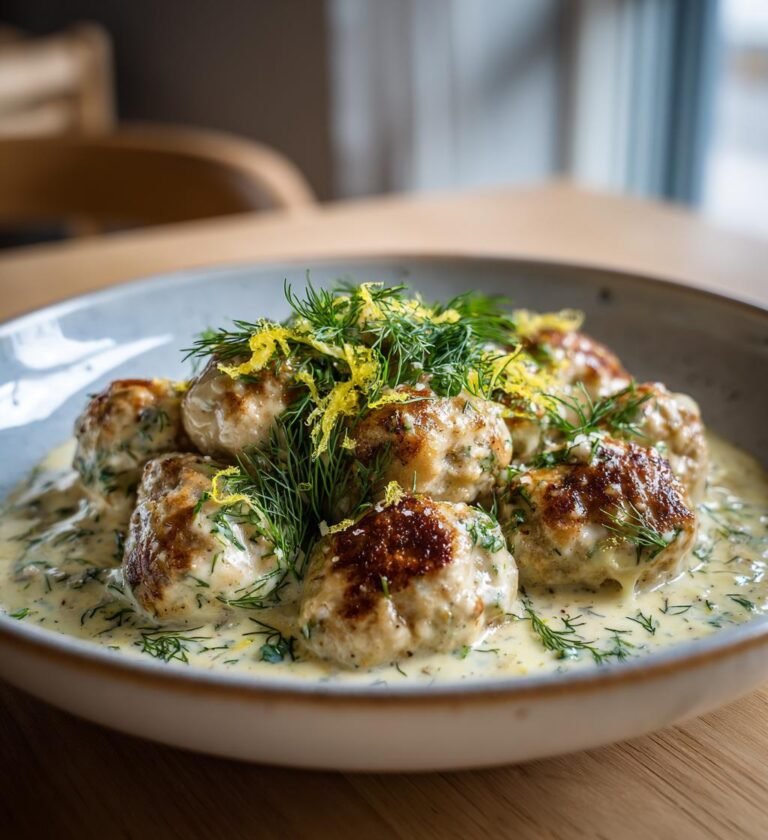 Kycklingköttbullar med citron, dill och gräddsås
