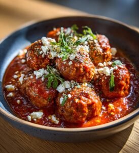 Köttbullar i paprikasås med fetaost och oregano
