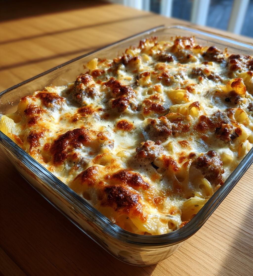 Korv Alfredo-gratäng med pasta och mozzarella - Enkel och Krämig