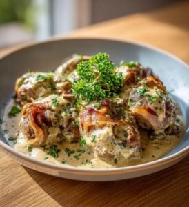 Lövbiffsrullader med bacon och krämig senapssås