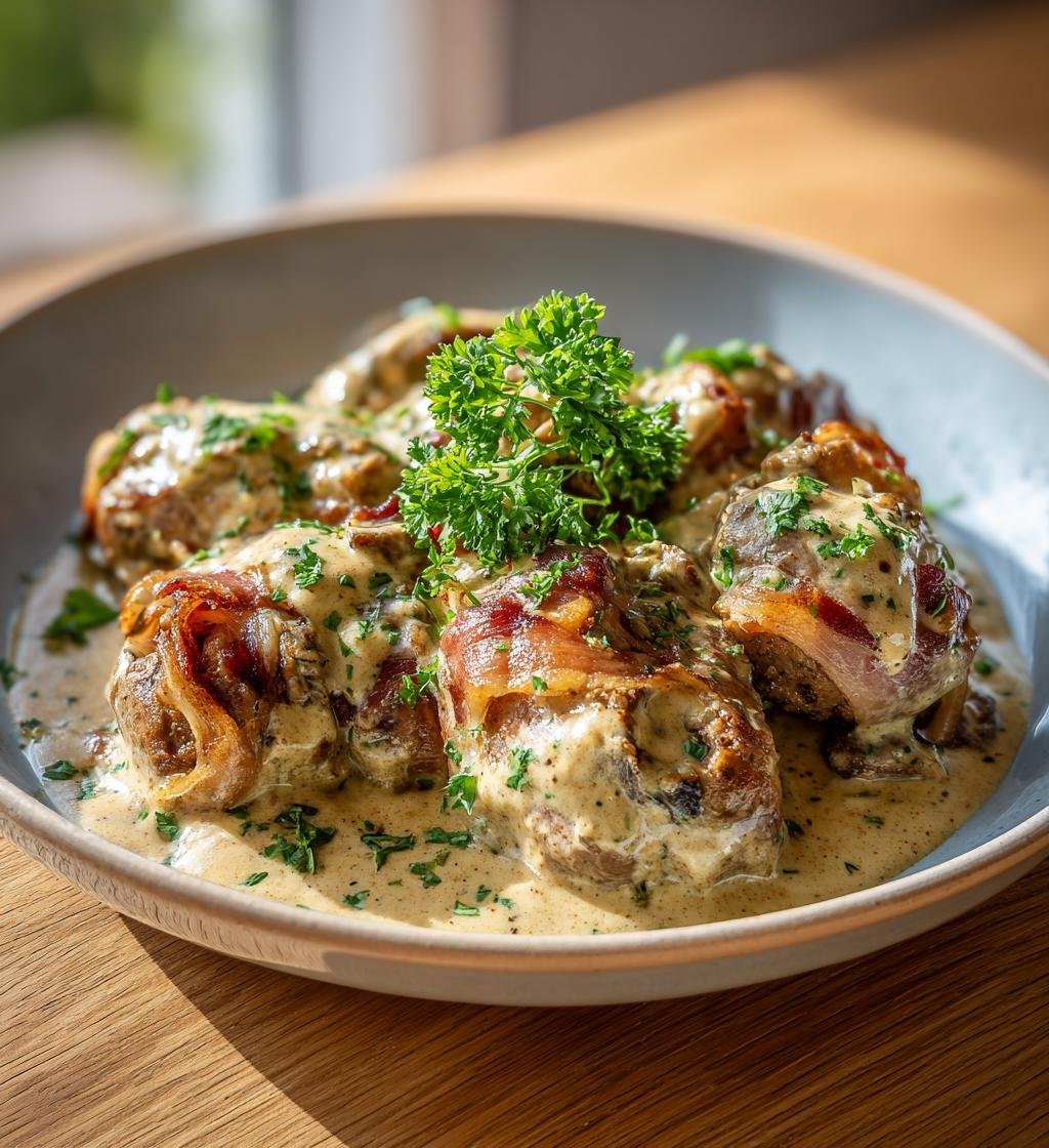 Lövbiffsrullader med bacon och krämig senapssås – Snabb och God Middag - steg för steg