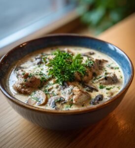 Fläskfilégryta med svamp och grädde