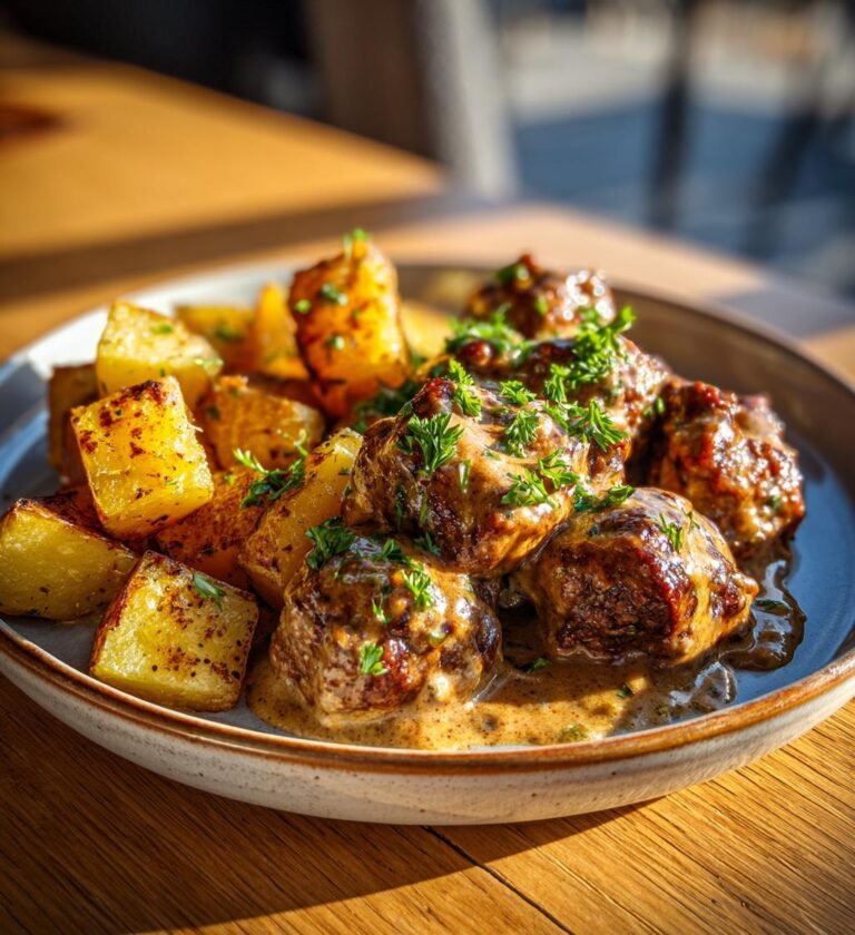 Köttbullar i enbärssås med rostad potatis