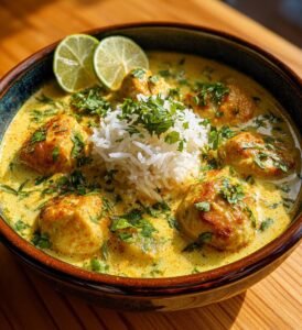 Fiskbullar i mild currysås med kokosris