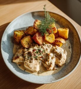 Kycklingfilé i krämig dragonsås med rostad potatis