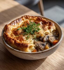 Vegetarisk pot pie med svamp och rotfrukter