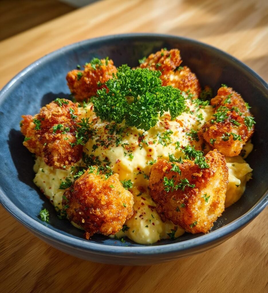 Popcornkyckling med varm cheddar- och vitlöksdip