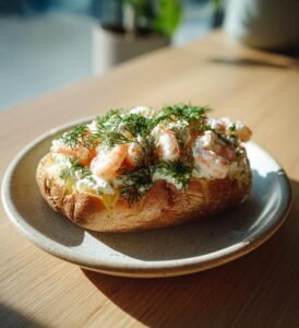 Bakad potatis fylld med räkor, dill och färskost