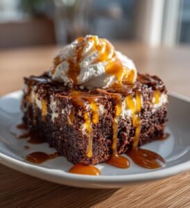 Brownietrifle med karamell och grädde